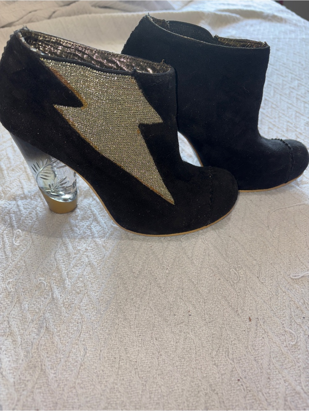 Irregular Choice Honey Blossom Black Suede Ankle Booties with Gold Elastic